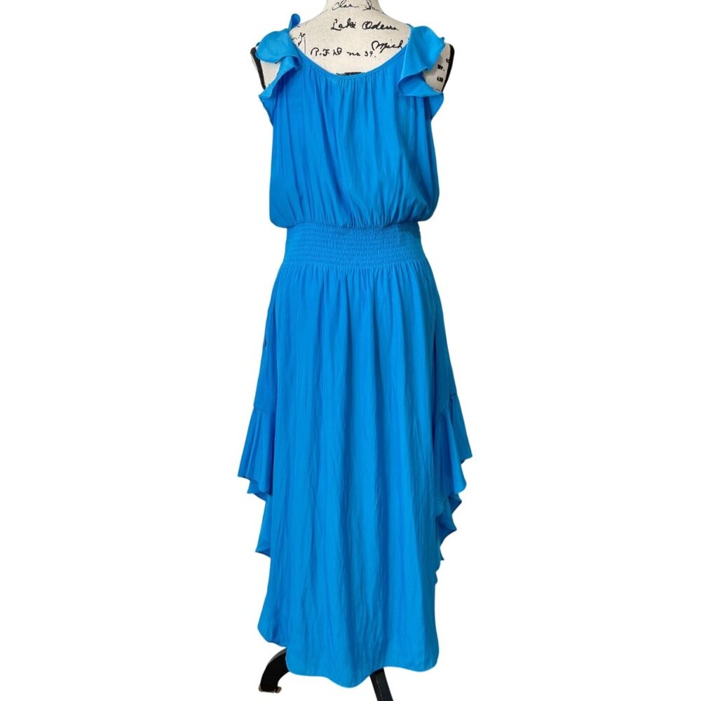 Ramy Brook Clementine Dress Blue Ruffle-Sleeve Smocked-Waist Womens Size M NEW - Picture 3 of 9